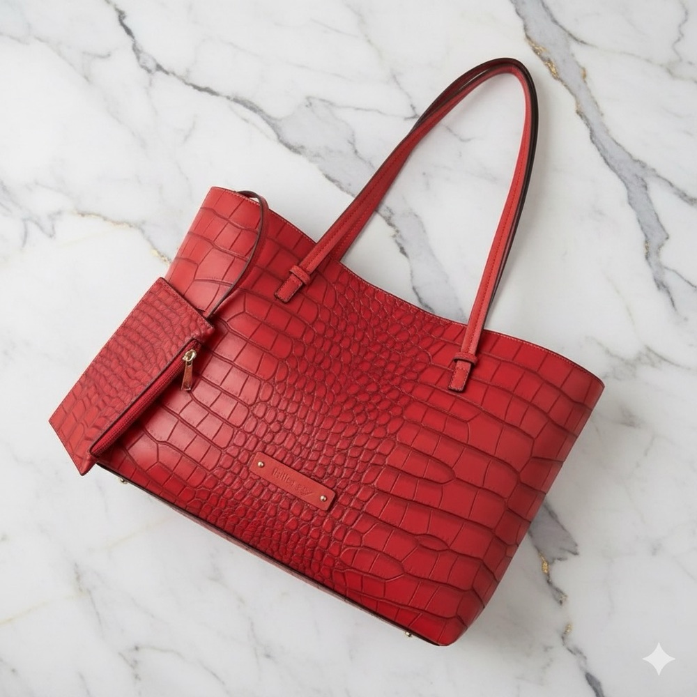 Red Crocodile-Embossed Tote Bag